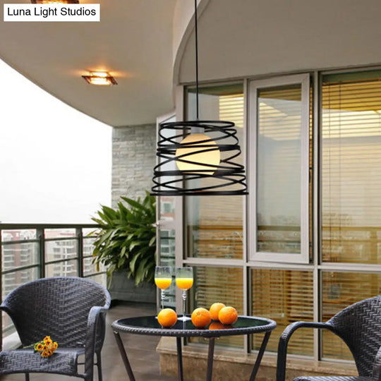 White Glass Domed Suspension Light - Loft Style Single Pendant With Black Wire Guard