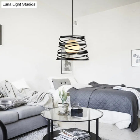 White Glass Domed Suspension Light - Loft Style Pendant With Black Wire Guard