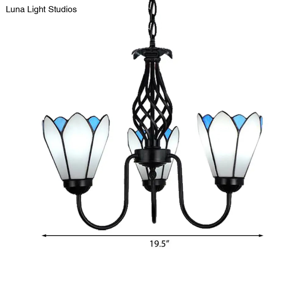 White Glass Floral Chandelier With Curved Arm And 3 Lights - Perfect For Bedroom Ceilings