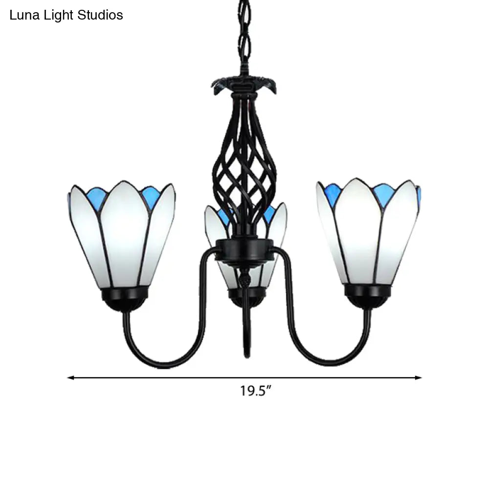 White Glass Floral Chandelier With Curved Arm - 3-Light Hanging Ceiling Fixture For Traditional