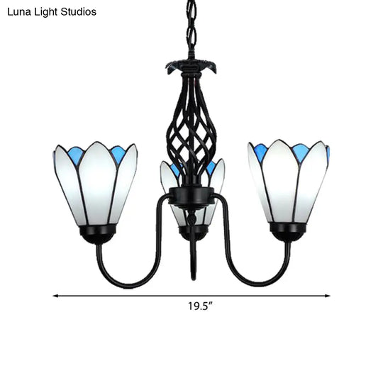 White Glass Floral Chandelier With Curved Arm - 3-Light Hanging Ceiling Fixture For Traditional