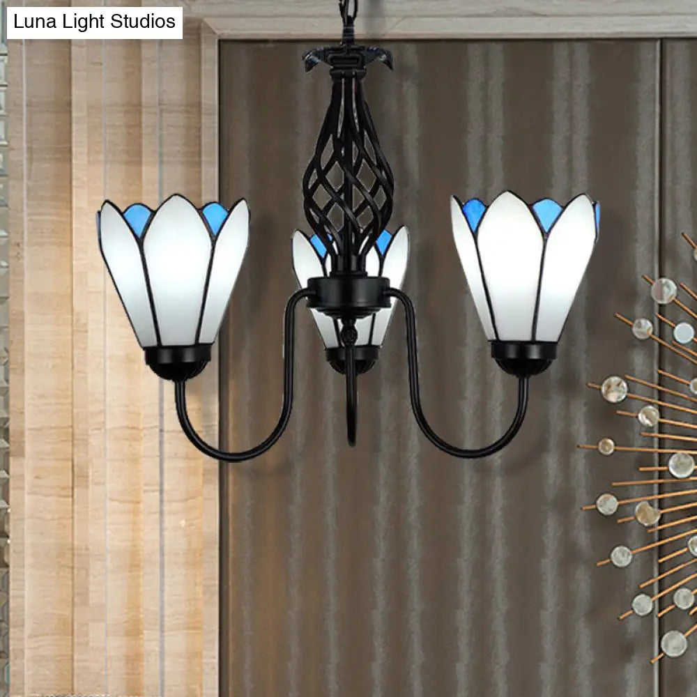 White Glass Floral Chandelier With Curved Arm And 3 Lights - Perfect For Bedroom Ceilings