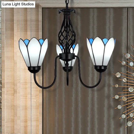 White Glass Floral Chandelier With Curved Arm And 3 Lights - Perfect For Bedroom Ceilings