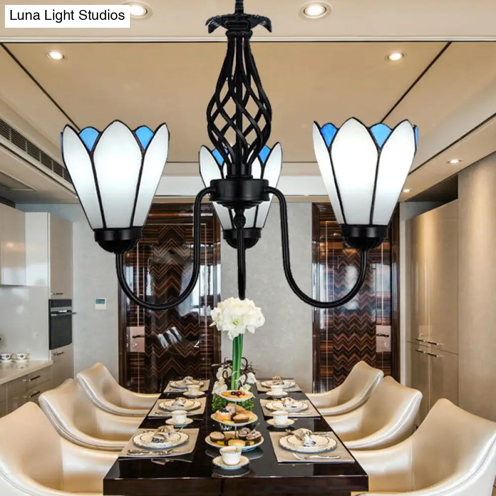 White Glass Floral Chandelier With Curved Arm And 3 Lights - Perfect For Bedroom Ceilings