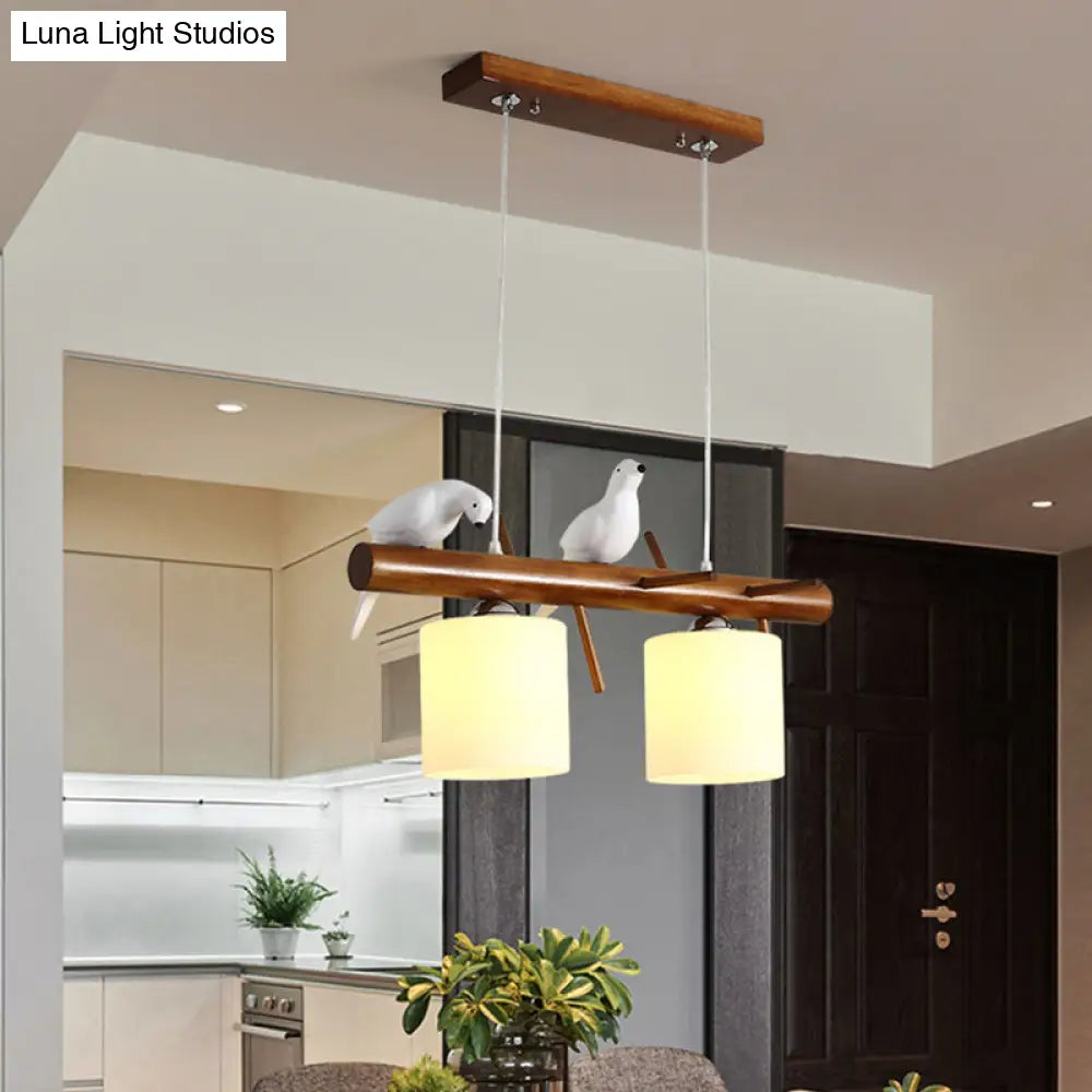 White Glass Led Pendant Light With Resin Bird - Cylinder Restaurant Island Hanging Fixture 2 /