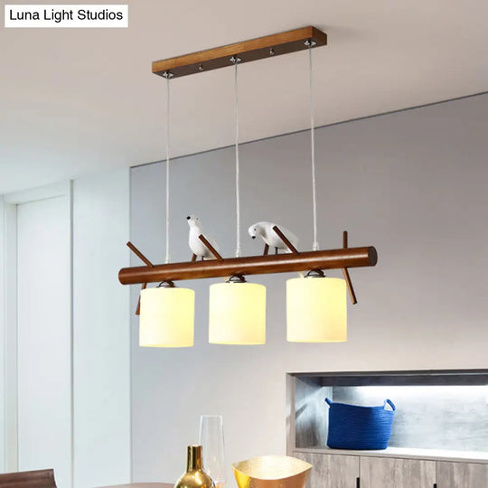 White Glass Led Pendant Light With Resin Bird - Cylinder Restaurant Island Hanging Fixture 3 /
