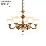 White Glass Pagoda Up Chandelier Traditional 3/6-Head Bedroom Hanging Pendant Light In Brass