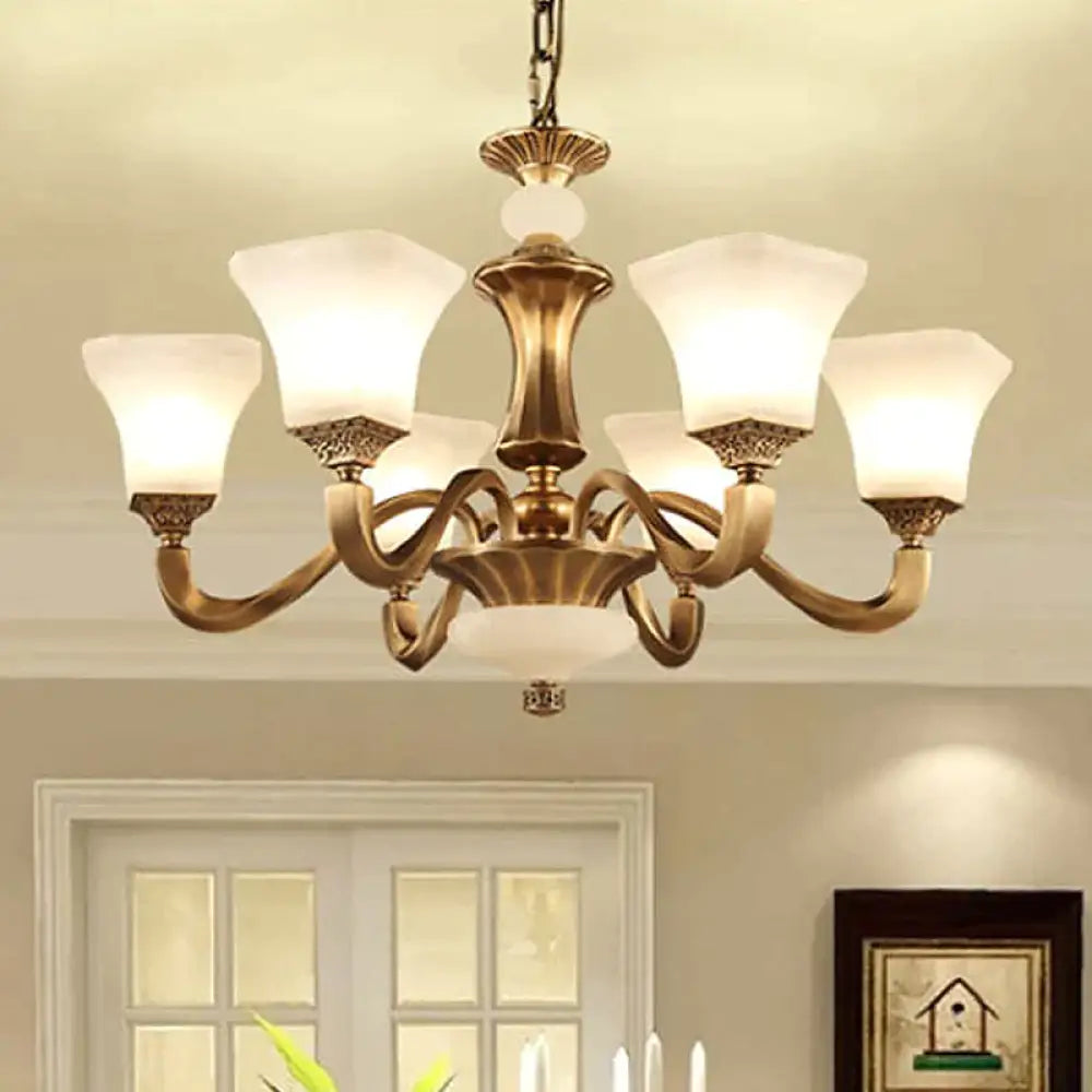 White Glass Pagoda Up Chandelier Traditional 3/6-Head Bedroom Hanging Pendant Light In Brass
