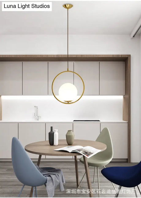 White Glass Pendant Light With Mid-Century Globe Design And Metal Ring