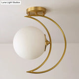 White Glass Semi Flush Ceiling Light With Nordic Style Gold Crescent Design