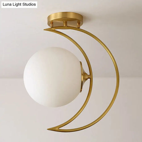 White Glass Semi Flush Ceiling Light With Nordic Style Gold Crescent Design