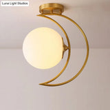 White Glass Semi Flush Ceiling Light With Nordic Style Gold Crescent Design