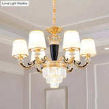 White Glass Tapered Ceiling Chandelier With Layered Crystal Décor - Traditional Living Room Lighting