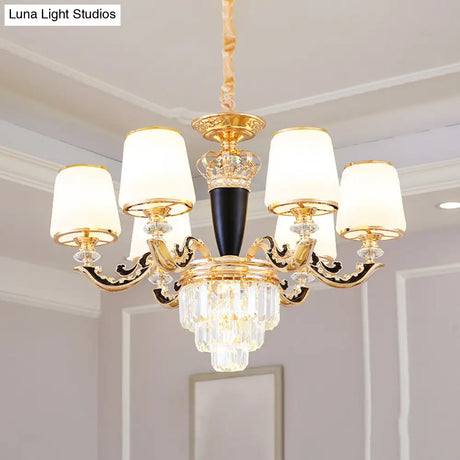 White Glass Tapered Ceiling Chandelier With Layered Crystal Décor - Traditional Living Room Lighting