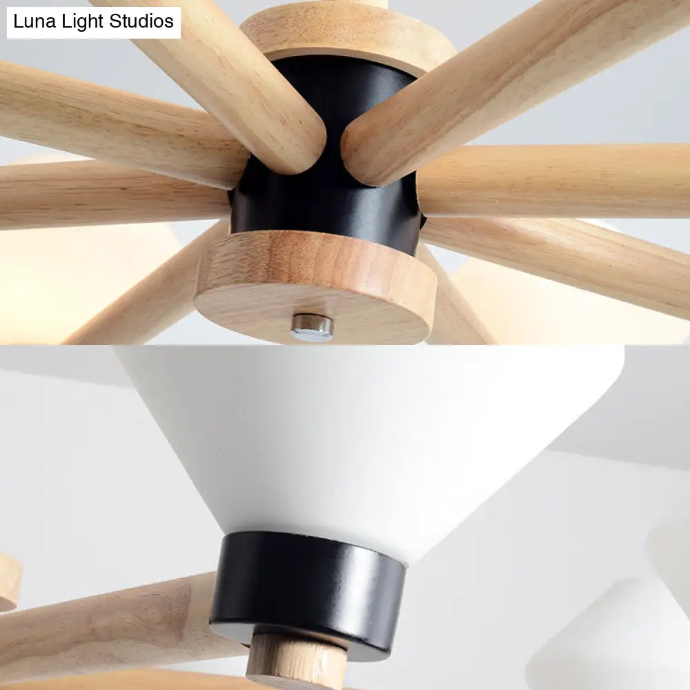 White Glass Urn Pendant Light - 6-Light Nordic Wood Hanging Lamp For Living Room
