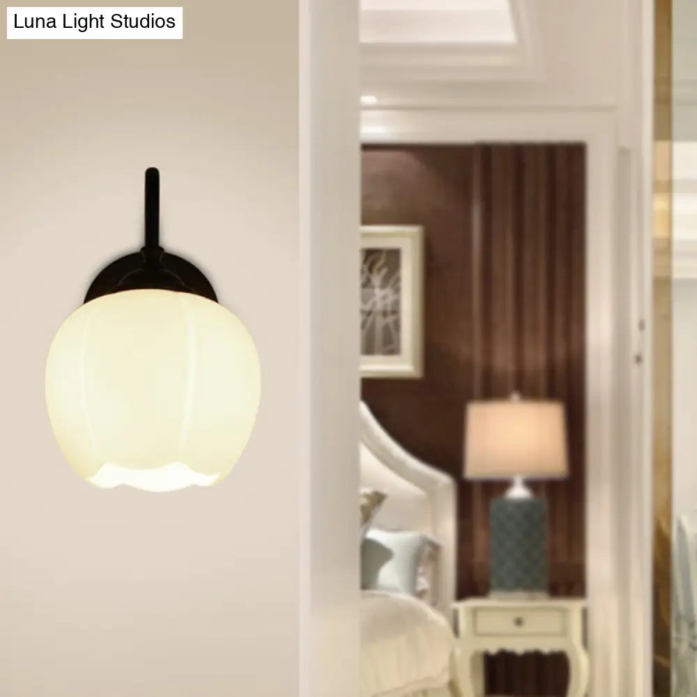 White Glass Wall Sconce With Gooseneck Arm - Countryside Flower Bud Lamp