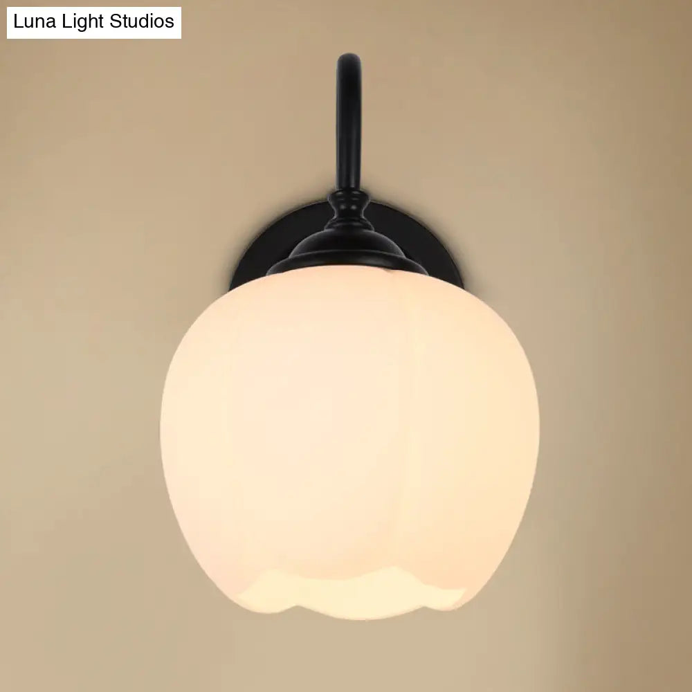 White Glass Wall Sconce With Gooseneck Arm - Countryside Flower Bud Lamp
