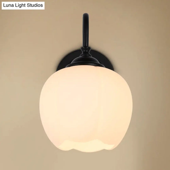 White Glass Wall Sconce With Gooseneck Arm - Countryside Flower Bud Lamp
