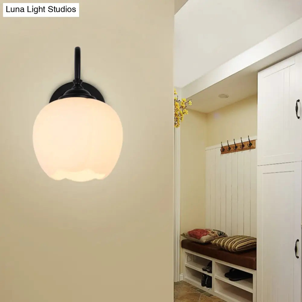 White Glass Wall Sconce With Gooseneck Arm - Countryside Flower Bud Lamp