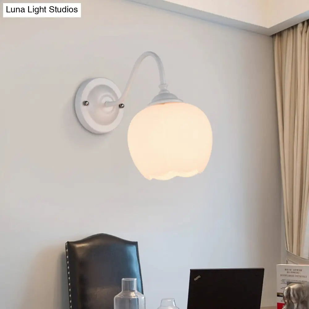 White Glass Wall Sconce With Gooseneck Arm - Countryside Flower Bud Lamp