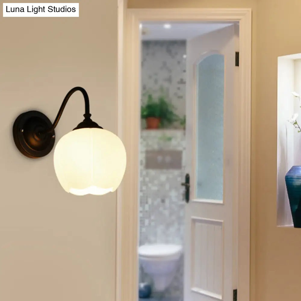 White Glass Wall Sconce With Gooseneck Arm - Countryside Flower Bud Lamp