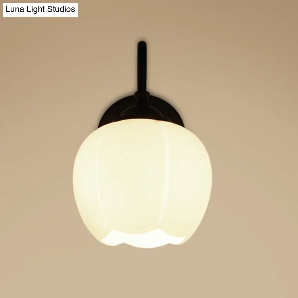 White Glass Wall Sconce With Gooseneck Arm - Countryside Flower Bud Lamp