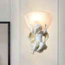 White/Gold Resin Angel Wall Light Sconce With Frosted Ribbed Glass Shade White