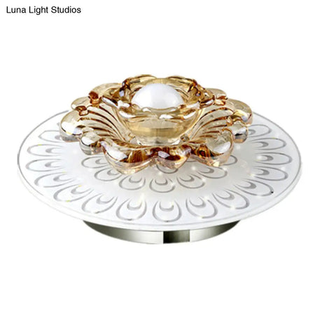 White Led Flush Mount Ceiling Light With Contemporary Floral Crystal Design