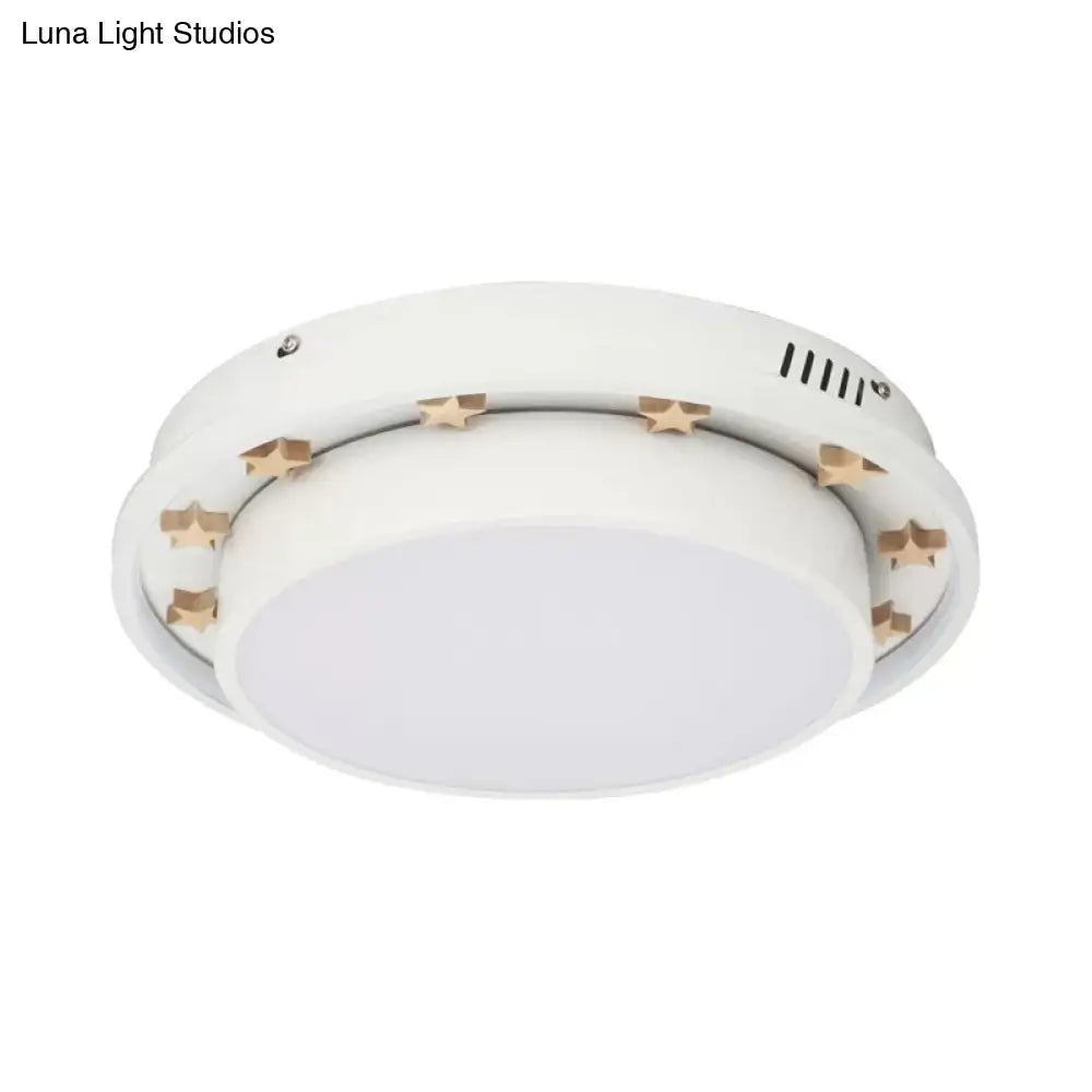 White Led Flush Mount Lamp With Modern Metallic Finish & Wooden Star Deco