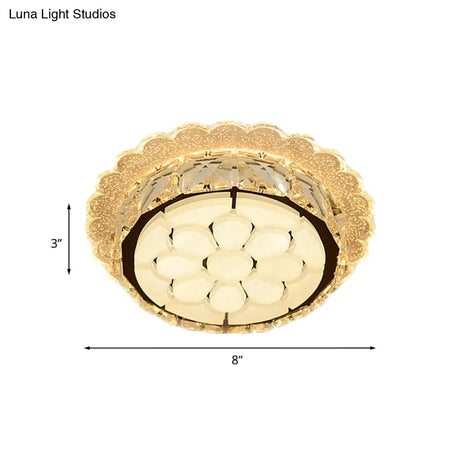 White Led Flushmount With Etched Floral Design For Corridor Ceiling Lighting