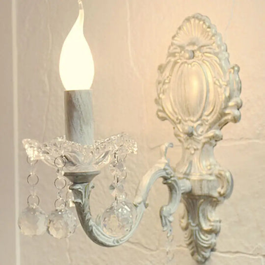 White Metal Candle Wall Sconce With Crystal Draping For Countryside Charm 1 / Distressed