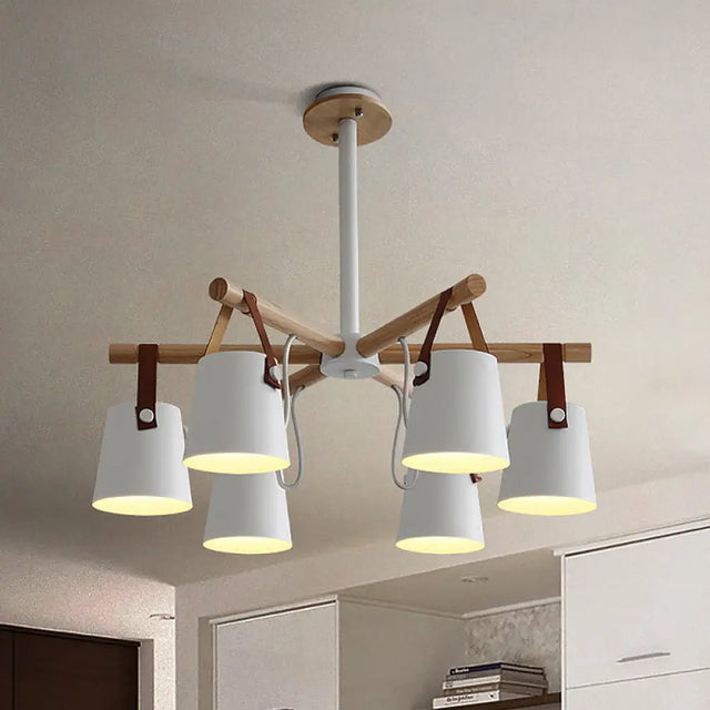 White Metal Chandelier: Barrel Living Room Pendant Lamp with Leather Strap - 6 Lights White