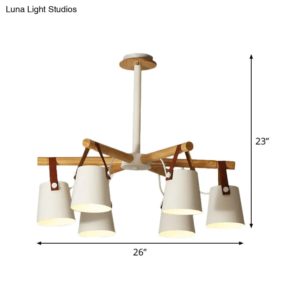 White Metal Chandelier: Barrel Living Room Pendant Lamp with Leather Strap - 6 Lights White