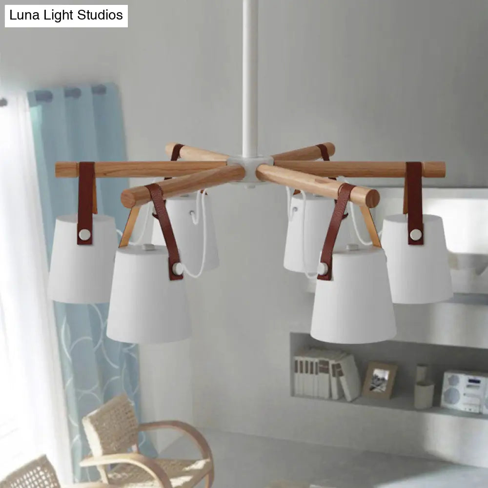 White Metal Chandelier: Barrel Living Room Pendant Lamp with Leather Strap - 6 Lights White