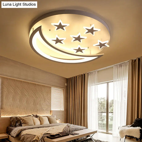White Metal Moon And Star Flush Ceiling Light For Kid’s Cartoon Bedroom