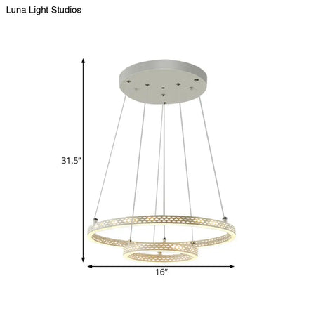 White Metallic Led Minimalist Pendant Chandelier - 2-Tier Hoop Dining Room Down Lighting