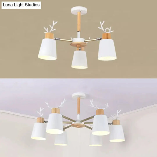 White Nordic Style Antler Chandelier - Metal Bucket Hanging Light For Living Room