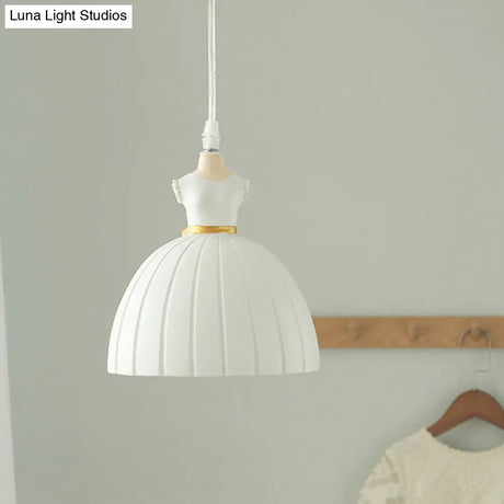 White Pendulum Doll Dress Light - Kid 1-Bulb Resin Suspension Lighting For Girls Room