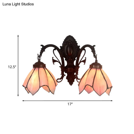 White/Pink Glass Copper Wall Light Sconce - Victorian Mount Lamp With Curved Arm
