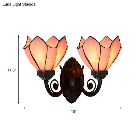 White/Pink Glass Petal Wall Sconce With Swirl Arm - 2 Lights Mediterranean Lighting Fixture For