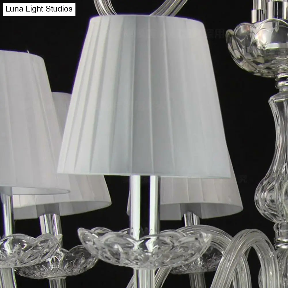 White Pleated Fabric Chandelier With Crystal Pendalogues - Transitional Pendant Light