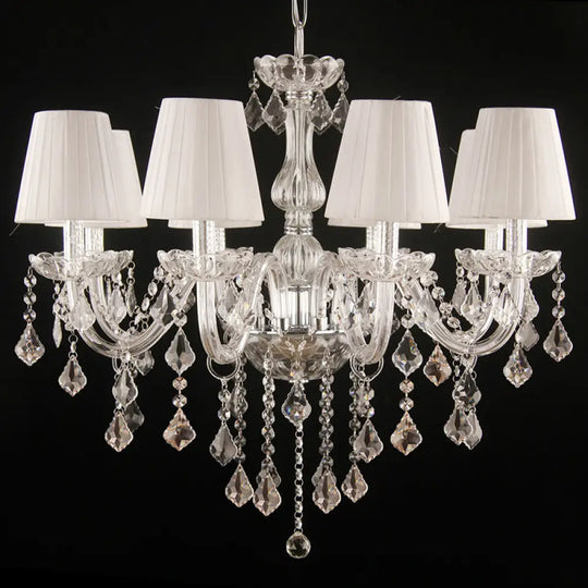 White Pleated Fabric Chandelier With Crystal Pendalogues - Transitional Pendant Light 8 / Chrome