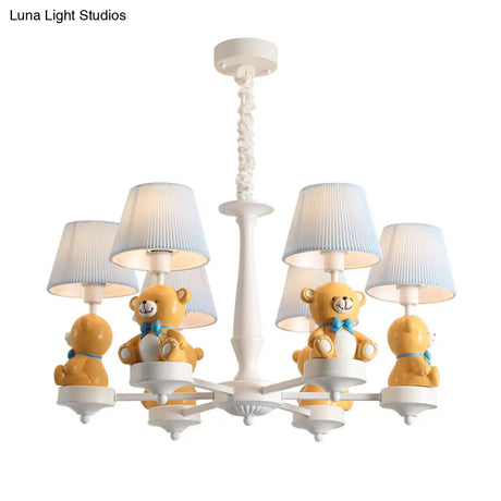 White Pleated Fabric Kids Bucket Chandelier With Decorative Bear Child Room Pendant Light