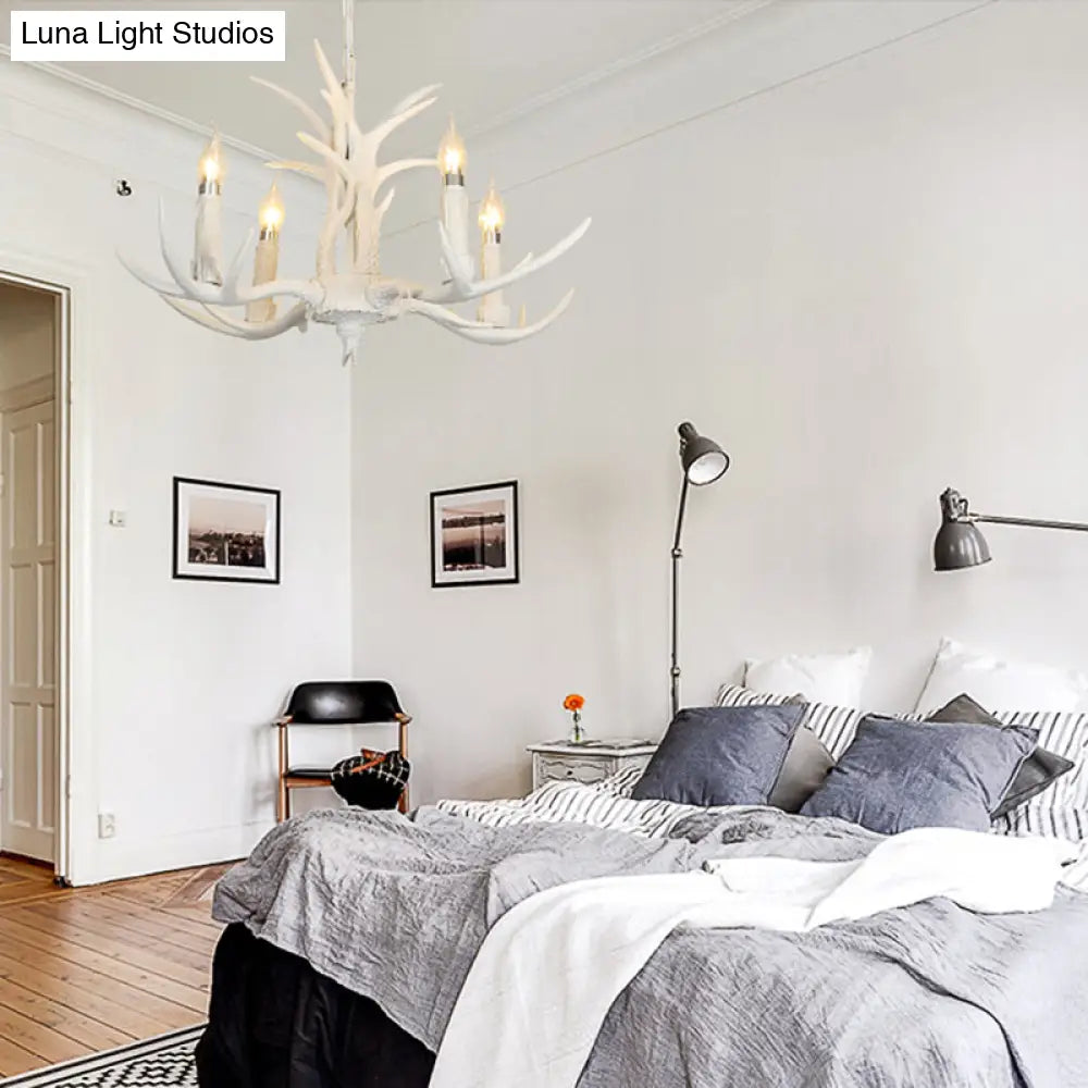 White Resin Hanging Chandelier Candle Pendant Light For Bedroom - 4/8 Bulbs Traditional Fixture