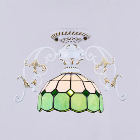 White Semi Flush Tiffany Style Ceiling Light With Stained Glass Dome Shade- 1