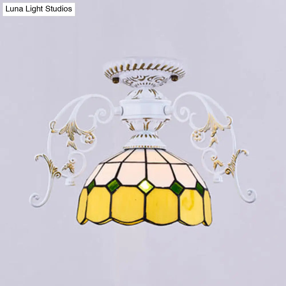 White Semi Flush Tiffany Style Ceiling Light With Stained Glass Dome Shade- 1