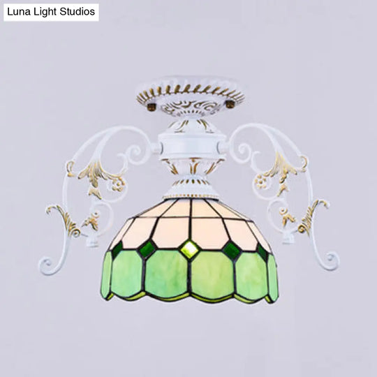 White Semi Flush Tiffany Style Ceiling Light With Stained Glass Dome Shade- 1