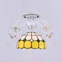 White Semi Flush Tiffany Style Ceiling Light With Stained Glass Dome Shade- 1