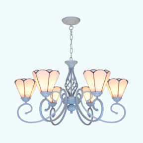 White Stained Glass Chandelier With Metal Chain And Curved Arm - 5/6 Lights 6 /