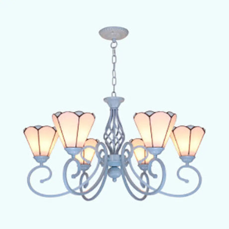 White Stained Glass Chandelier With Metal Chain And Curved Arm - 5/6 Lights 6 /